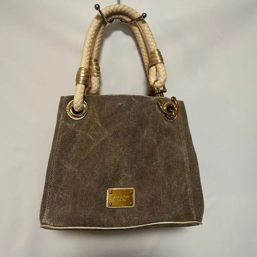 Michael Kors Marina Anchor Women’s cream taupe washed canvas gold nautical purse